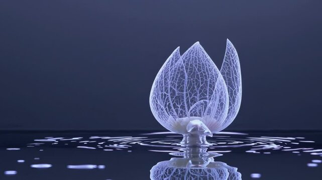 A refined time-lapse showing the inner architecture of an X-ray lotus emerging from the water, revealing each filmy petal&rsquo;s intricate veins.
