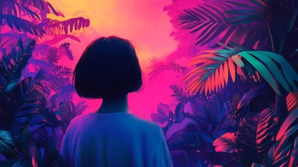 Woman with Short Dark Hair Stands in Vibrant Pink and Purple Tropical Jungle at Night