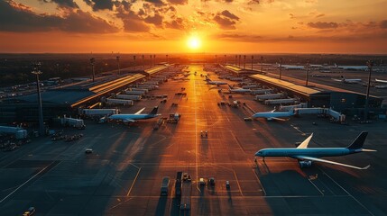 Aerial view of an airport at sunset with planes and runways illuminated by golden light.
