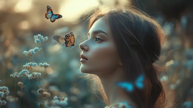 A young woman watches butterflies flutter around her