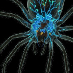 blue and green abstract close up of a spider with black background