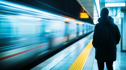 Man standing on a subway platform with a train pulling into the station.