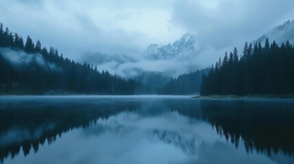 Serene Mountain Lake at Dawn Misty Blue Landscape
