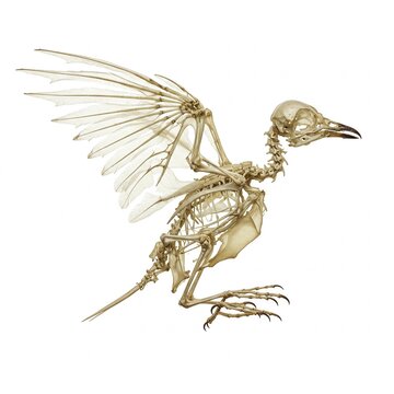 detailed bird skeleton with feathered wings isolated on white background