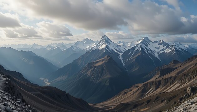 Majestic snow-capped mountain range under a cloudy sky, showcasing dramatic valleys and textured slopes, a breathtaking view of nature's grandeur.