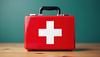 Fototapeta premium Red First Aid Kit with Plus Sign on Green Background for Emerncy Preparedness