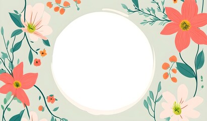 loral spring design with white flowers, green leaves, eucaliptus and succulents. Round shape with space for text. Banner or flyer sale template, vector illustration.