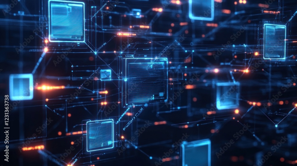 Poster Cyberpunk Data Network with Glowing File Icons and Cloud Computing Concept for Document Management and Big Data Analysis