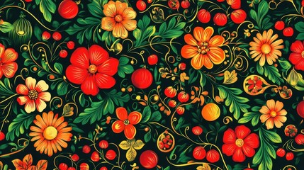 Vibrant Floral Pattern in Khokhloma Style.