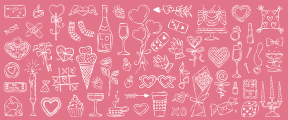 Set of vector images in sketch style for Valentine's Day. Set of ink cute bouquet,  sunglasses, rose, balloons, amour arrow, candles, cake, vine isolated on pink background. Elegant vintage hand drawn