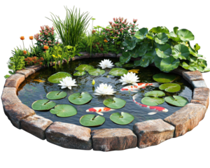 serene water garden featuring koi pond with floating lily pads, surrounded by vibrant flowers and lush greenery, creating tranquil outdoor oasis