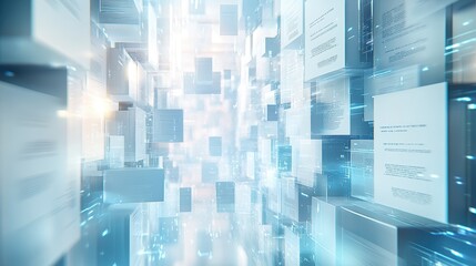 3D illustration a pristine white filing system transforming into digital holograms, floating documents automatically organizing themselves, clean corporate aesthetic, glowing accents, depth of field