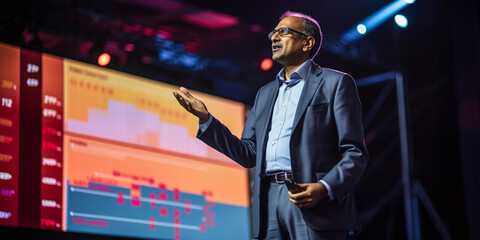 A middle aged indian man speaking at a business conference.	