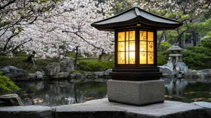 Illuminated Lantern in a Japanese Garden with Cherry Blossoms