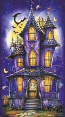 Enchanting Purple Haunted Mansion Under a Night Sky with Bats and Moon