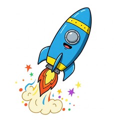 Fototapeta premium cute blue cartoon rocket ship with flames and stars flying through space illustration clipart