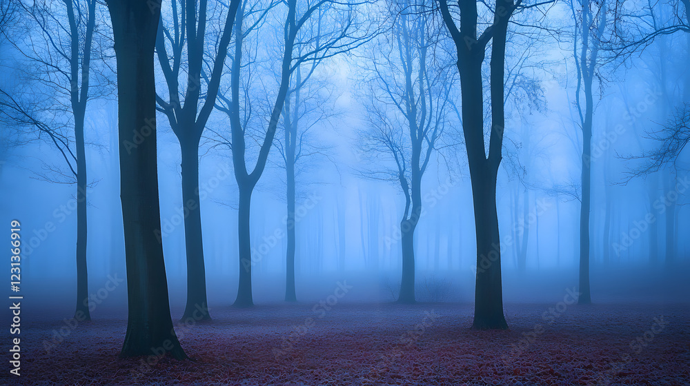 Poster A misty forest scene with tall trees partially obscured by fog, creating an atmospheric and serene environment