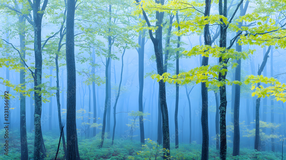 Poster a serene, misty forest scene with tall trees and vibrant green leaves, creating a calm and tranquil 