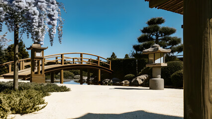 Hanging Wisteria Flowers in a Japanese Garden with a Wooden Bridge. Perfect for: Japan, Spring