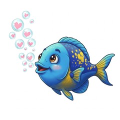 cute cartoon blue yellow fish blowing hearts bubbles underwater ocean animal illustration