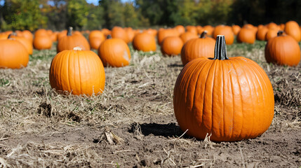 A vibrant pumpkin patch filled with numerous bright orange pumpkins resting on dry soil under clear skies
