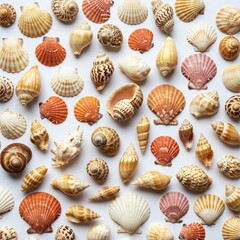 sea shell collection assortment variety colors beach ocean tropical decoration texture background