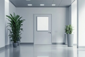 Fototapeta premium design layout of a sign hanging on a white office door, close-up of the door, 3d visualization, interior of an office hall with a sign on the door