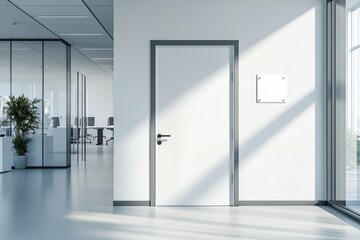 design layout of a sign hanging on a white office door, close-up of the door, 3d visualization, interior of an office hall with a sign on the door