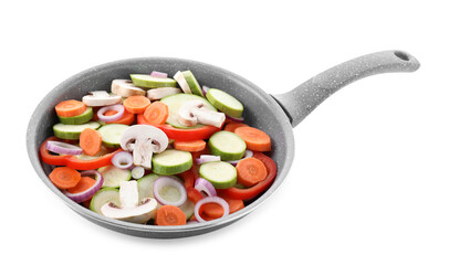 Frying pan with mix of fresh vegetables and mushrooms isolated on white