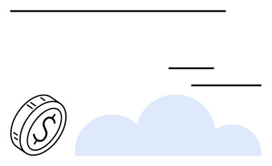 Coin with dollar sign near blue cloud and dynamic black horizontal lines in minimal style. Ideal for finance, online payment, economy, savings, digital currency, technology, abstract line flat