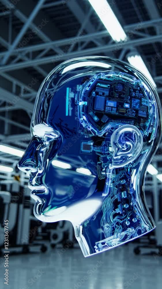 Poster A translucent robotic head with visible circuitry floating against a sprawling high-tech factory, emphasizing the integration of AI into advanced manufacturing.
