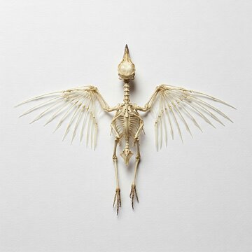 bird skeleton with spread wings on white background