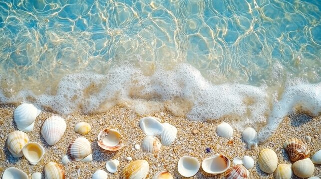 Sand and sea shells beach with clear blue ocean water