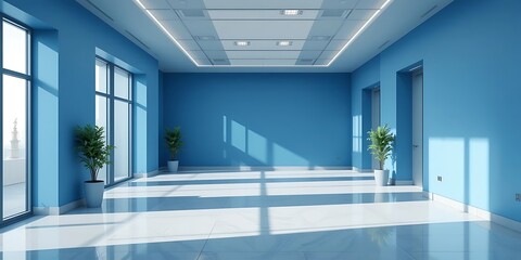 Fototapeta premium Sunlit Empty Blue Room With Plants And Windows