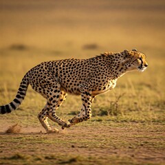 Fototapeta premium cheetah running in savanna grassland during golden hour sunlight