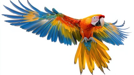 Fototapeta premium Colorful macaw parrot with vibrant feathers isolated on white background, ideal for tropical and exotic design projects.
