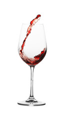 Tasty wine splashing in glass on white background