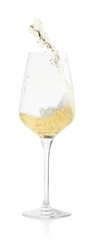 Pouring wine into glass on white background