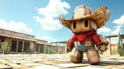 A prickly pear cactus cowboy stands in a deserted western town