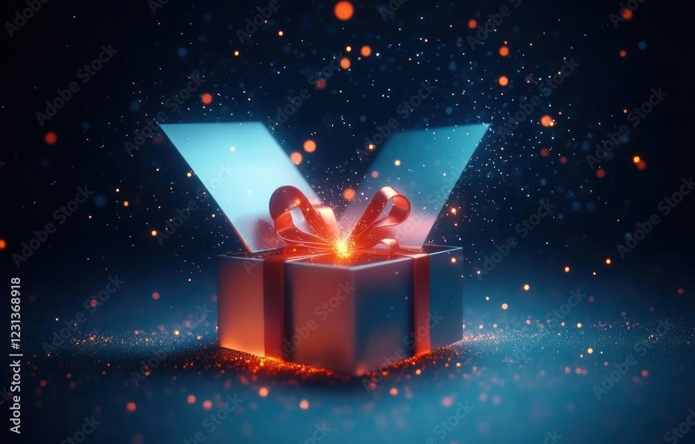 Aufkleber Magical Open Gift Box with Glow and Sparkles on Blue Background 3D Rendering