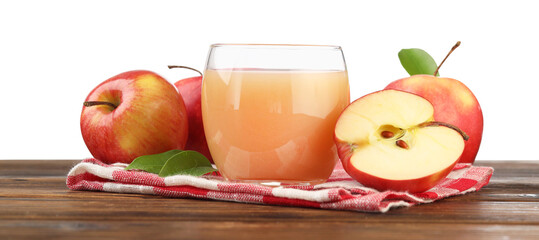 Tasty apple juice and fresh fruits on wooden table against white background