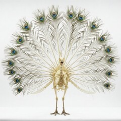 Obraz premium peacock skeleton with beautiful tail feathers isolated on white background