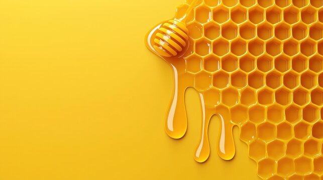 Golden honey dripping from a honeycomb on a vibrant background