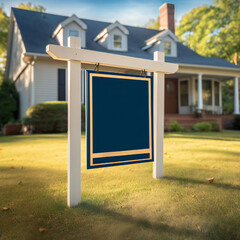 Obraz premium Blank Real Estate Sign in Front Yard of Suburban Home with Autumn Foliage