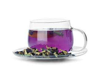 Delicious butterfly pea flower tea in glass cup and dry petals isolated on white
