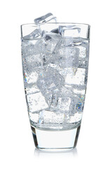 Refreshing soda water with ice cubes in glass isolated on white