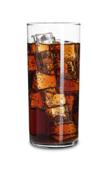 Sweet soda water with ice cubes in glass isolated on white