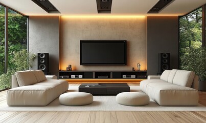 modern living room home cinema design with white sofas and black TV