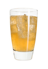 Sweet soda water with ice cubes in glass isolated on white