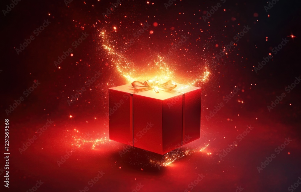 Poster magical open gift box glowing with light on red background